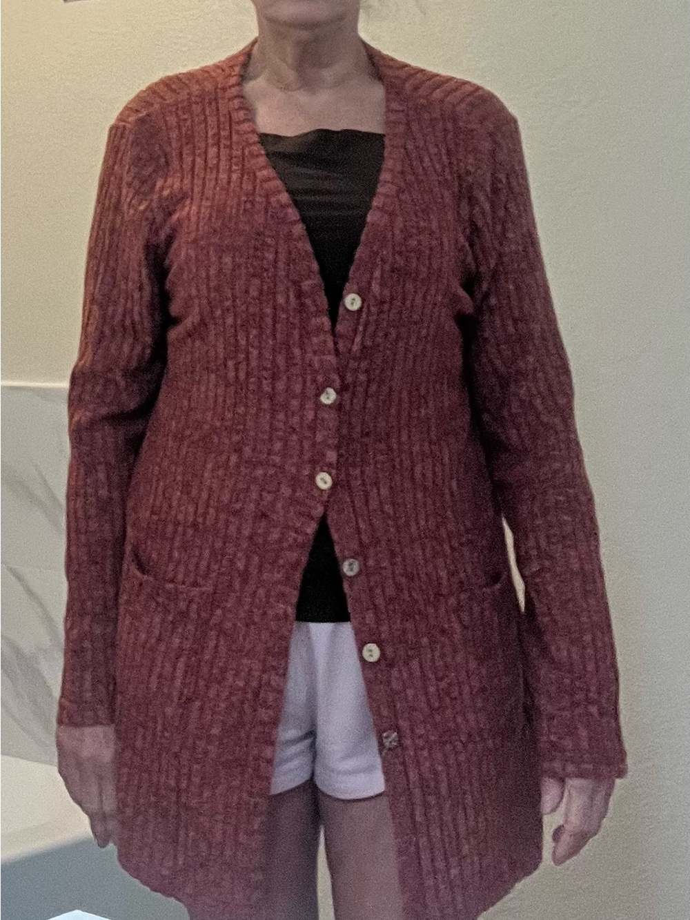 Long Ribbed Button Cardigan Sweater - Burgundy
